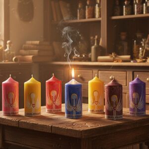 Sedem sviečok s nápisom anjel strážny položené na stole ezoterickej lekárne