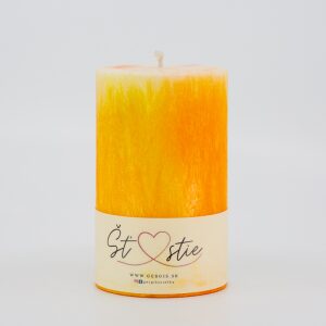 Žltá kryštalická sviečka s názvom Šťastie – valcovitý tvar, rozmer 70×110 mm, symbol radosti a optimizmu.